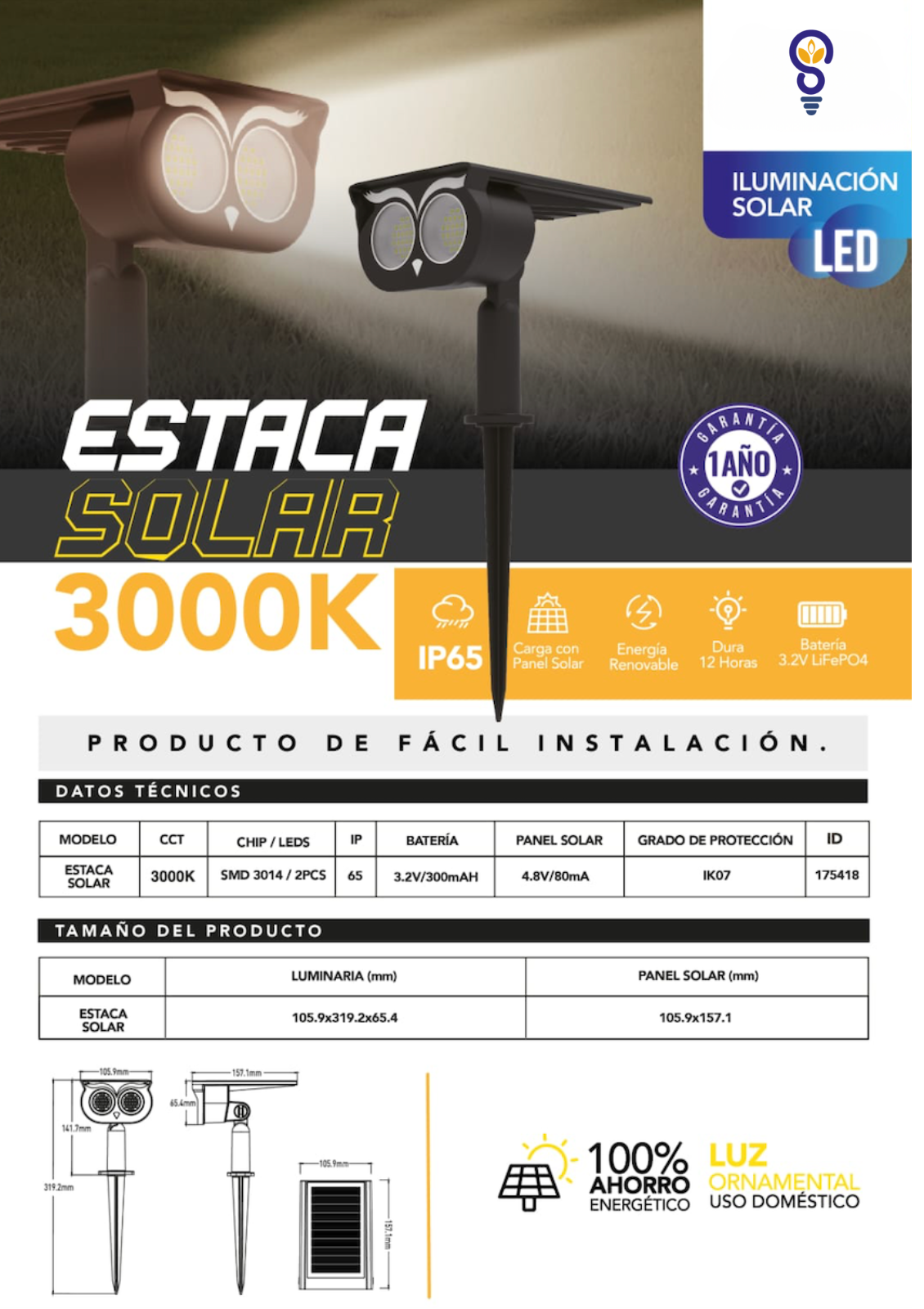 Set 4 Foco Solar LED Estaca Decorativa 3000K para JardÃn