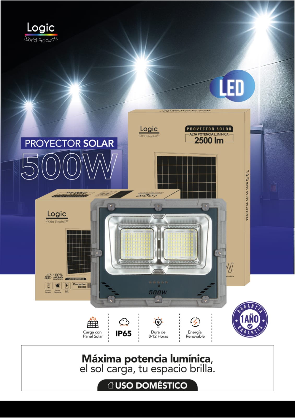 Proyector Solar LED 500W para Exterior con Control Remoto