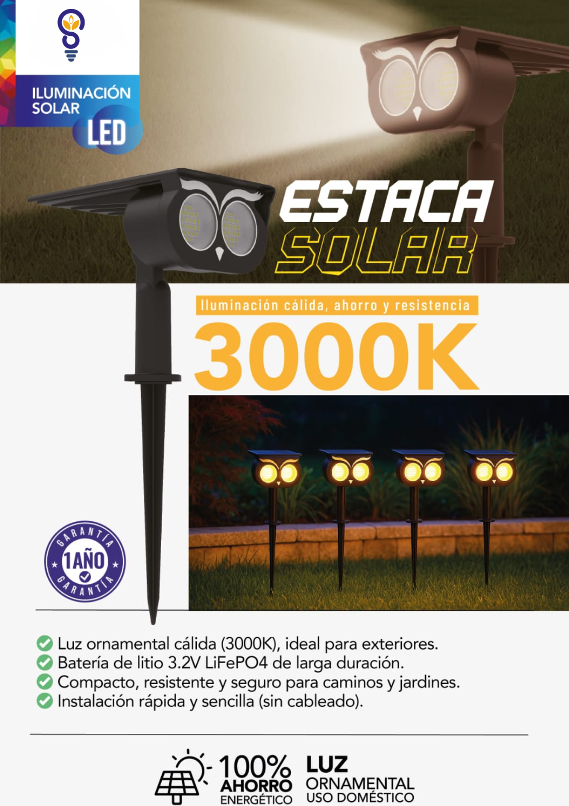 Set 4 Foco Solar LED Estaca Decorativa 3000K para JardÃn