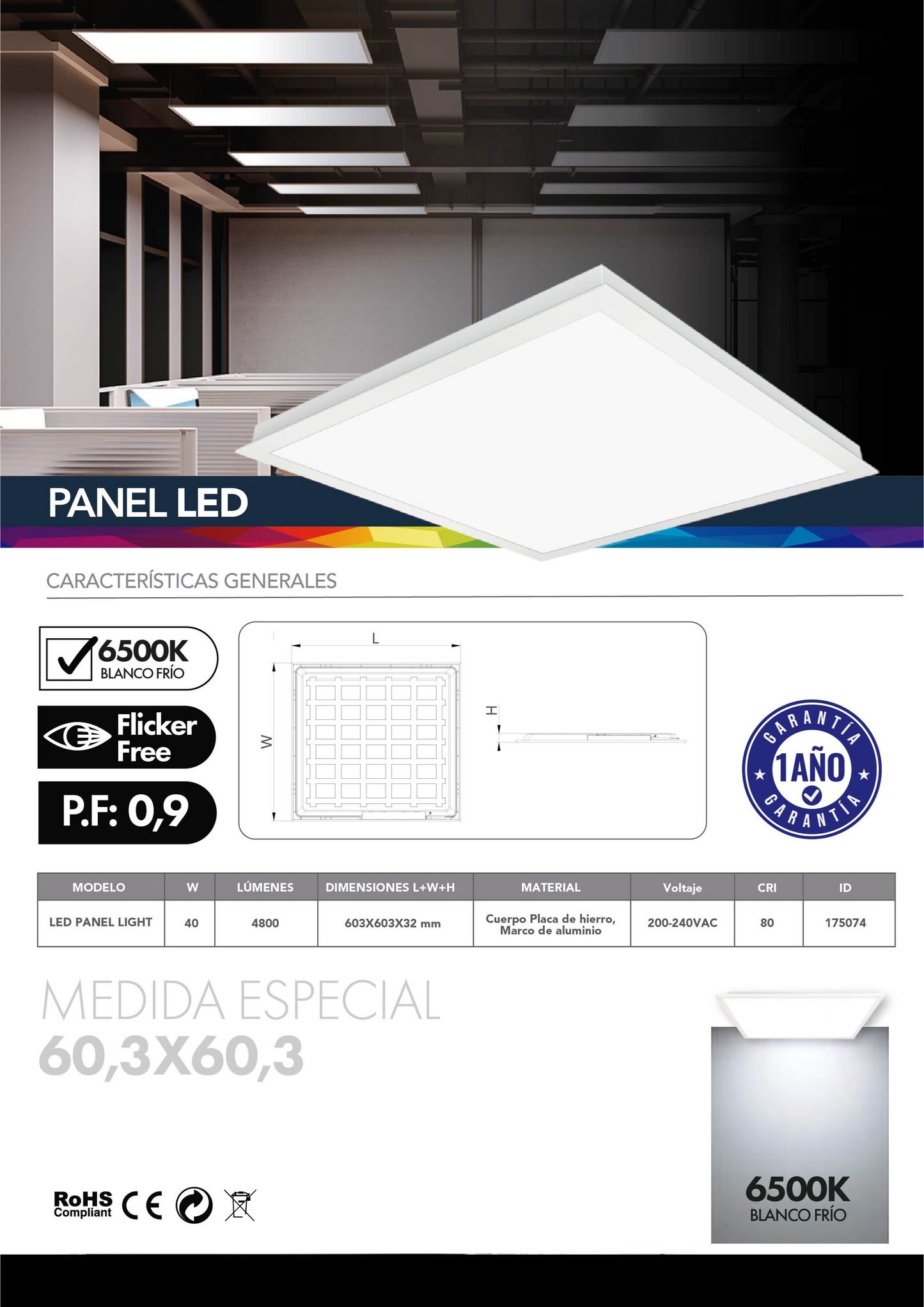 Panel LED 40W 60,3x60,3 cm – Luz Fría 6500K