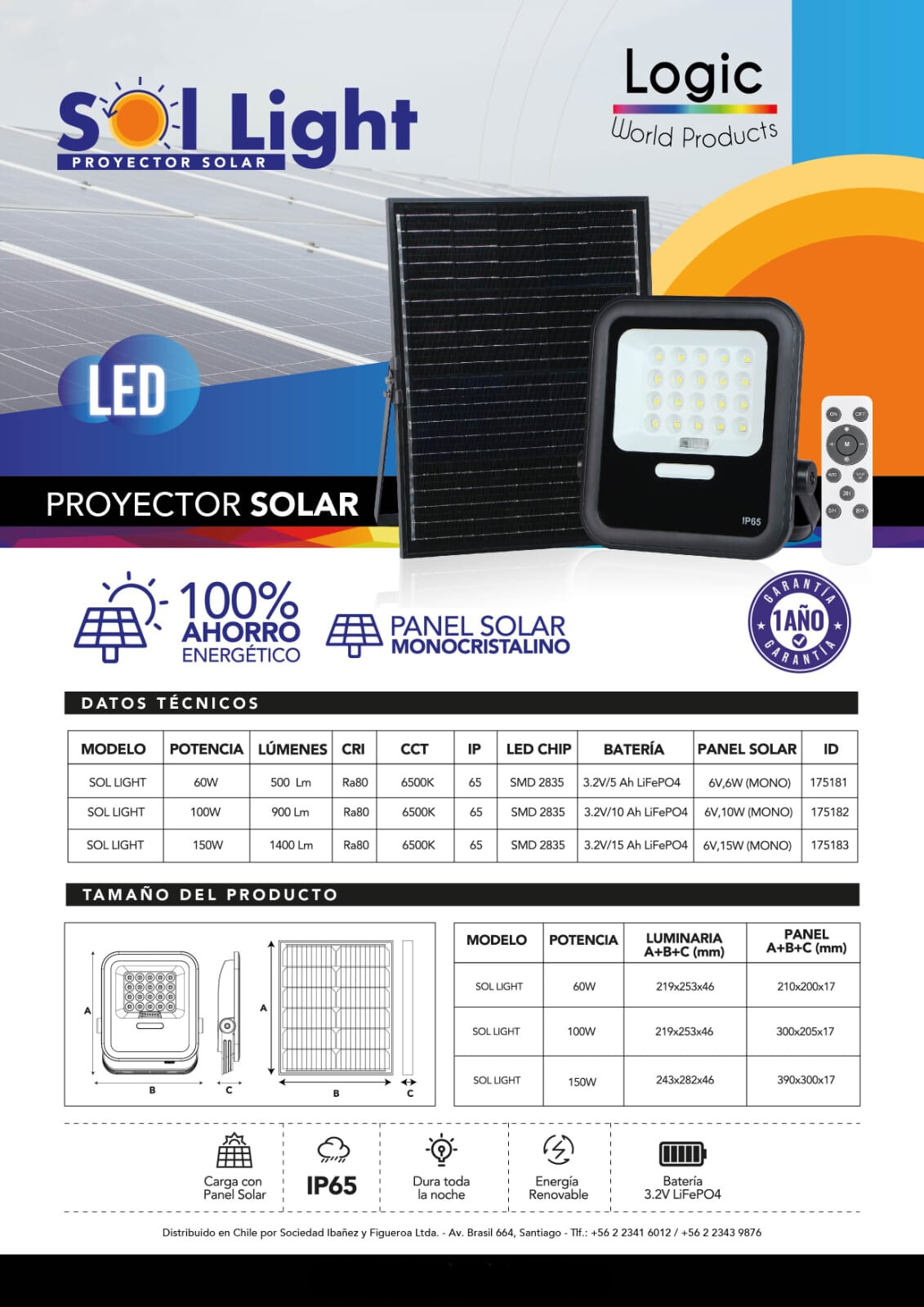 FOCO LED EXTERIOR Area Solar SOL LIGHT de 150W