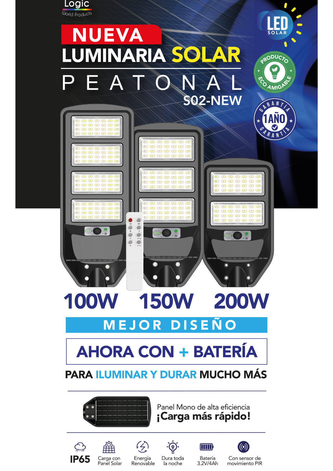 Luminaria Peatonal SOLAR LED Modelo S02 New de 250W