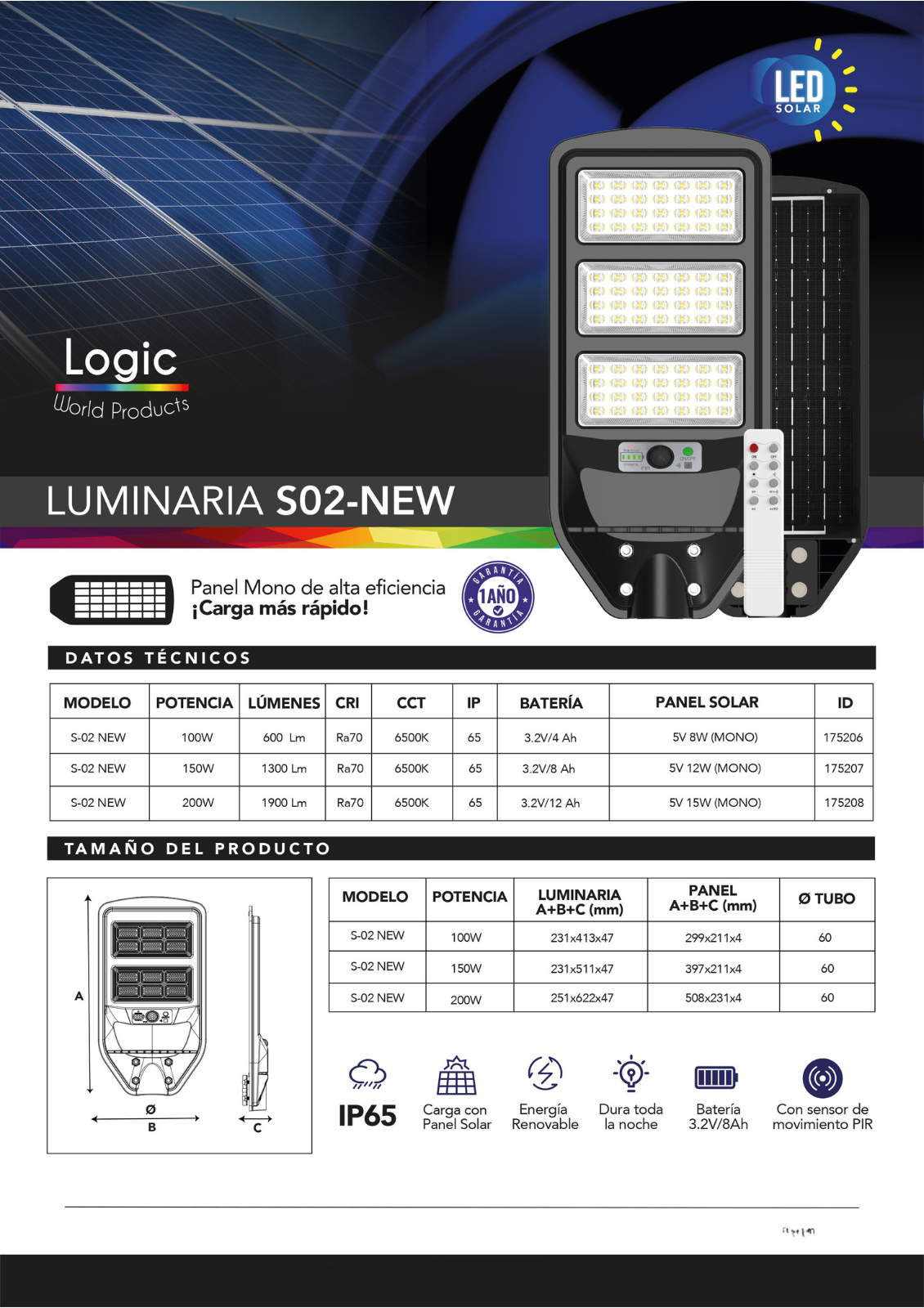 Luminaria Peatonal SOLAR LED Modelo S02 New de 200W