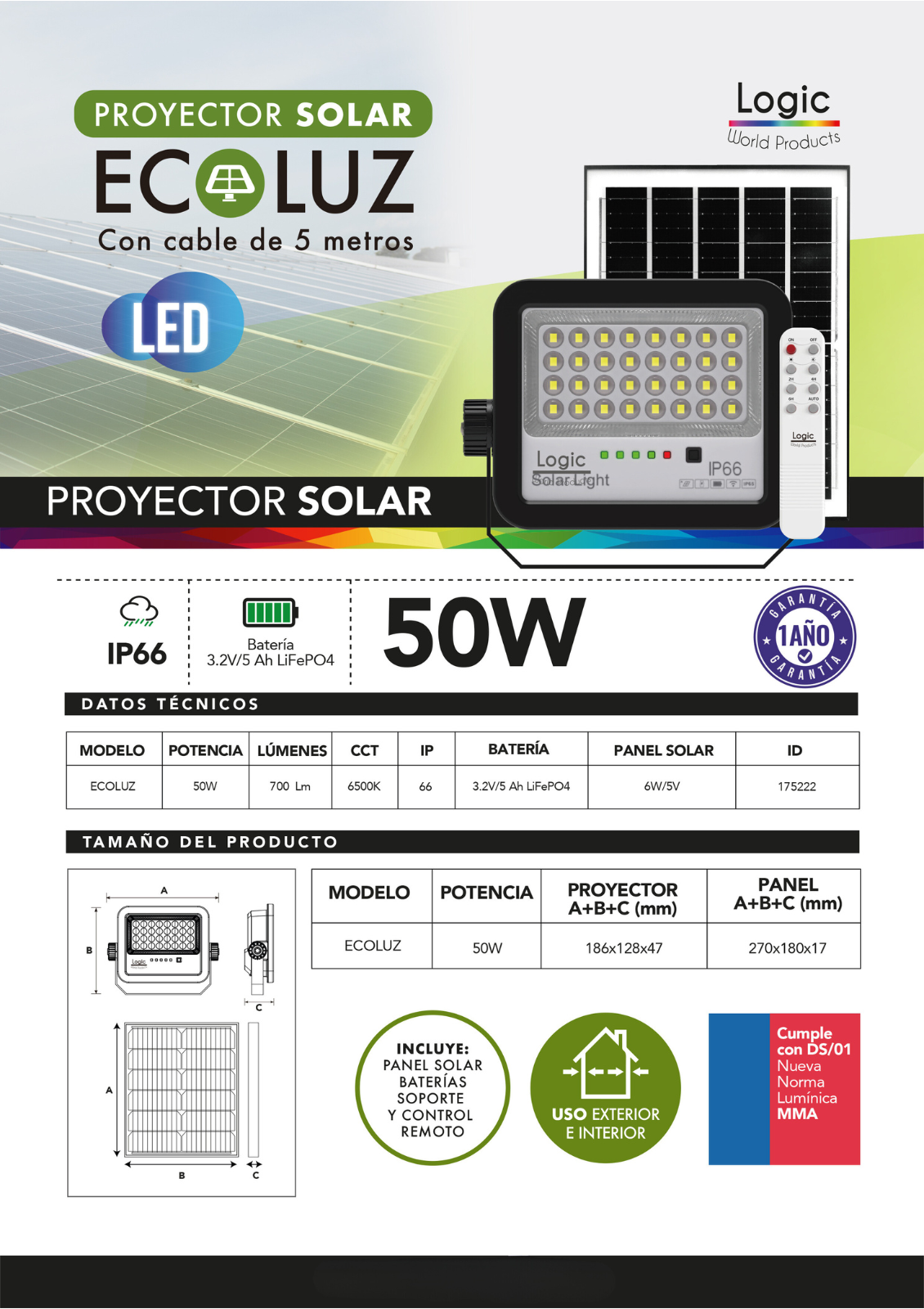 Foco Led Exterior 50W Solar ECOLUZ