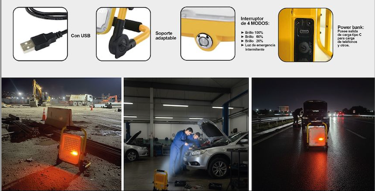 Foco Led De Trabajo Recargable 30w 900lm Ip65 Exterior Y Taller
