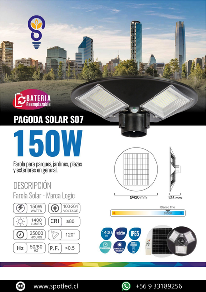 Farola Solar Pagoda S07 150W para Condominios, Patios y Jardines