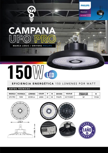 Campana Ufo Profesional 150w 22.500 Lúmenes. Driver Phillip
