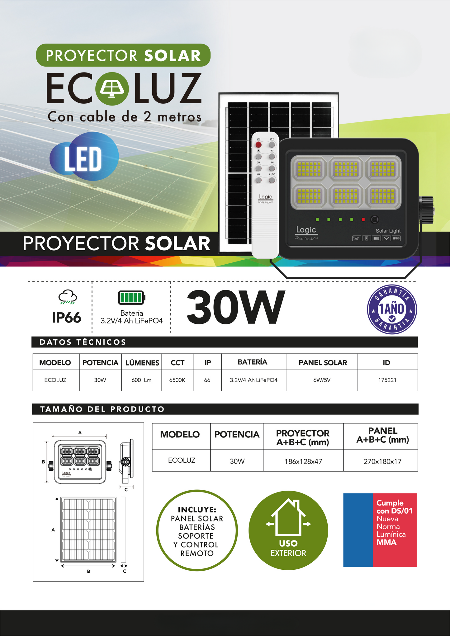 Foco Led Exterior 30W Solar ECOLUZ