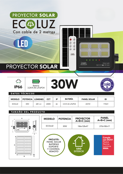 Foco Led Exterior 30W Solar ECOLUZ