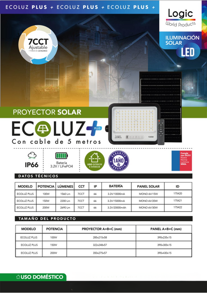 Foco Proyector Solar Led De 200W 7 Cct Ecoluz Plus