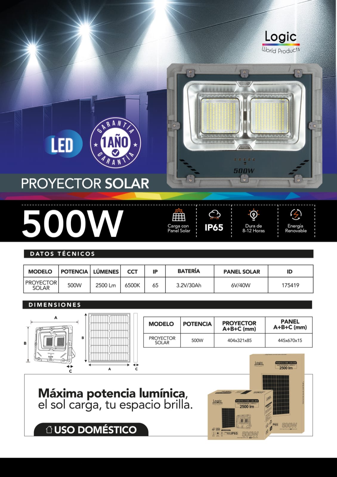 Proyector Solar LED 500W para Exterior con Control Remoto