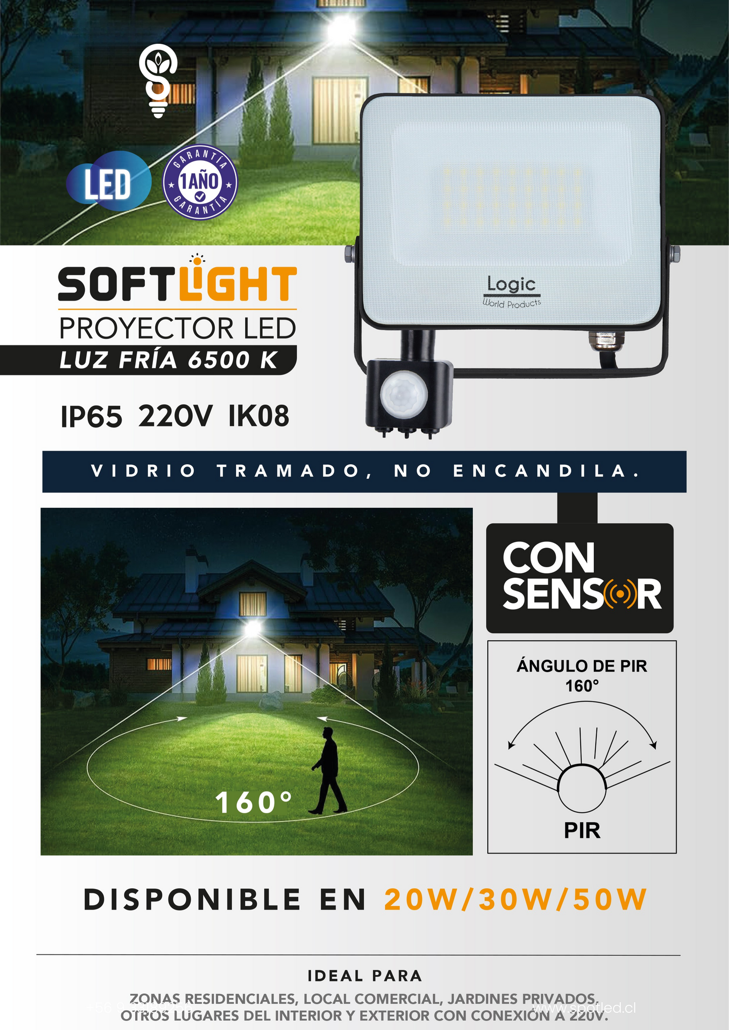 Foco Proyector LED 50W con Sensor de Movimiento Softlight