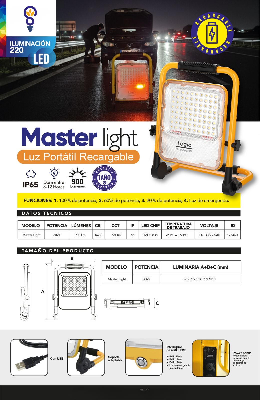 Foco Led De Trabajo Recargable 30w 900lm Ip65 Exterior Y Taller