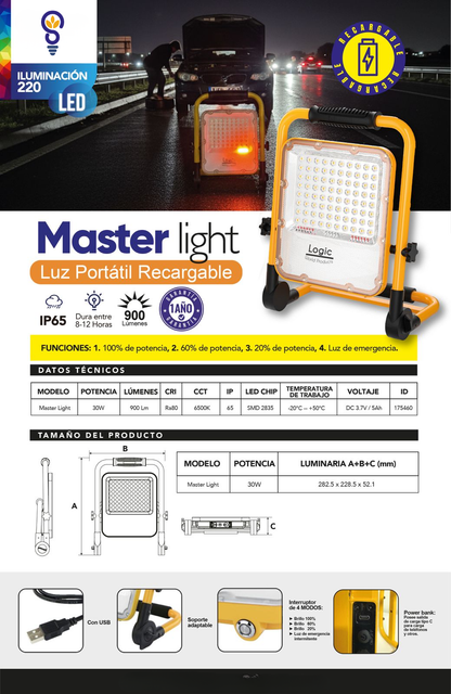 Foco Led De Trabajo Recargable 30w 900lm Ip65 Exterior Y Taller