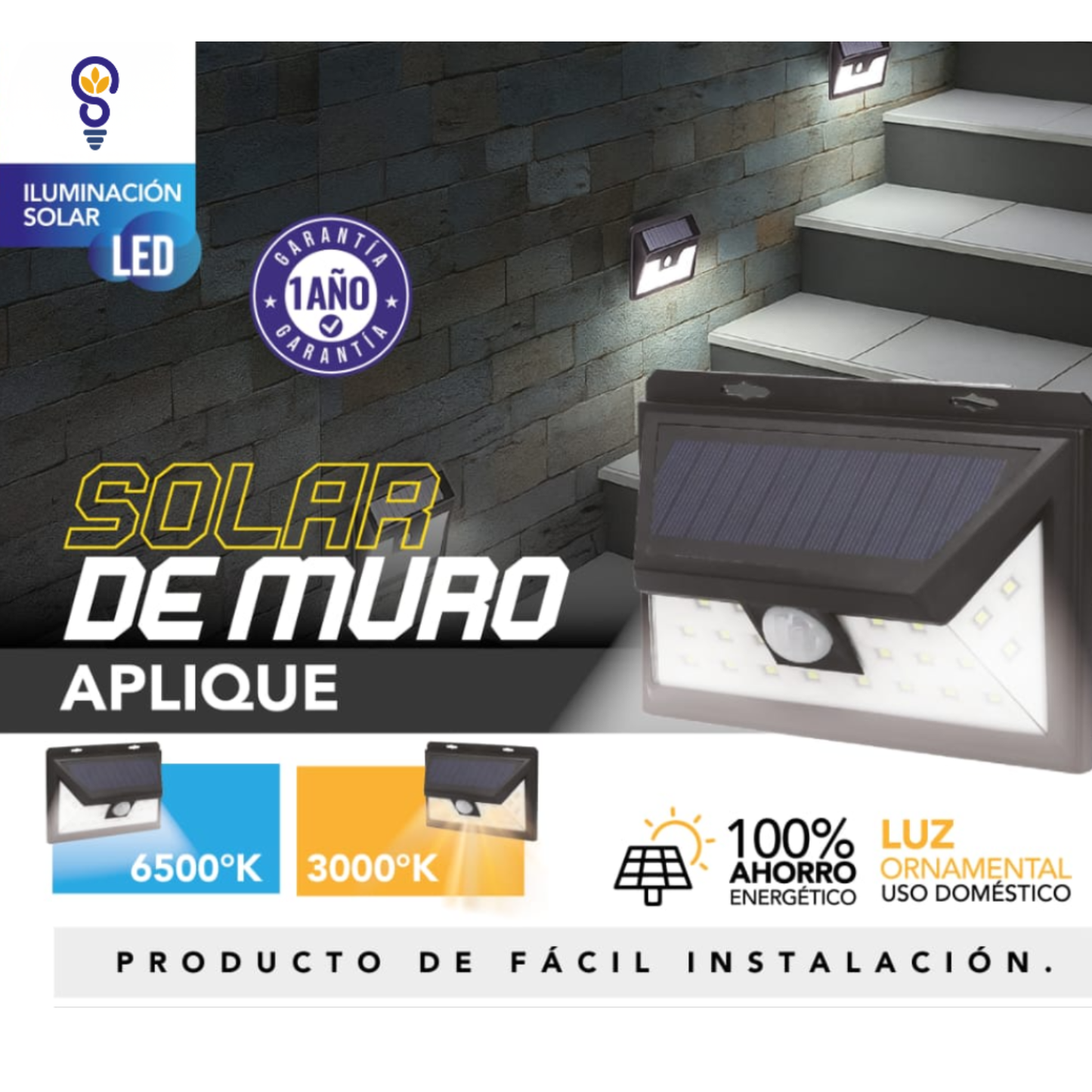 Aplique Solar de Muro con Sensor de Movimiento