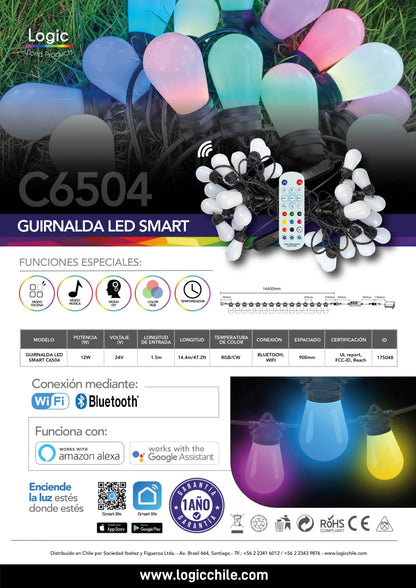 Luces Smart Led Guirnaldas 15 Metros, 25 Ampolletas S14