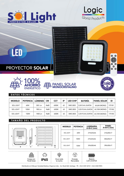 FOCO LED EXTERIOR Area Solar SOL LIGHT de 150W