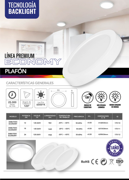 Plafon Techo Living, Comedor, Cocina y terraza. Modernas Redondo 24w Panel Sobrepuesto  Luz Fria 220V