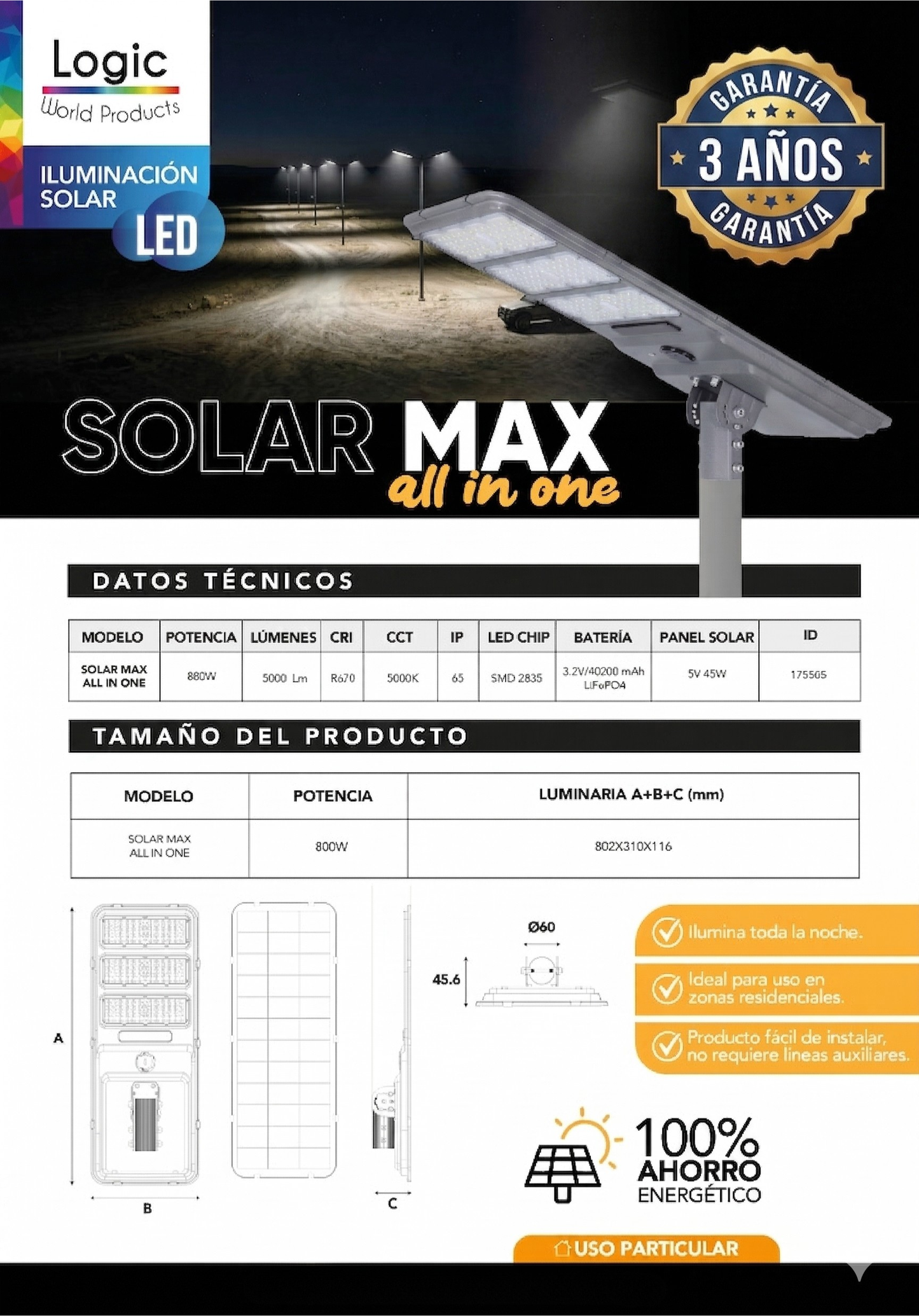 Luminaria Solar LED 800W All In One 5000lm Sensor Movimiento