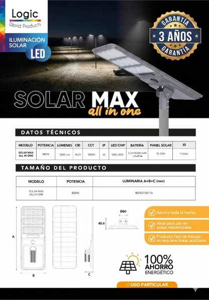 Luminaria Solar LED 800W All In One 5000lm Sensor Movimiento