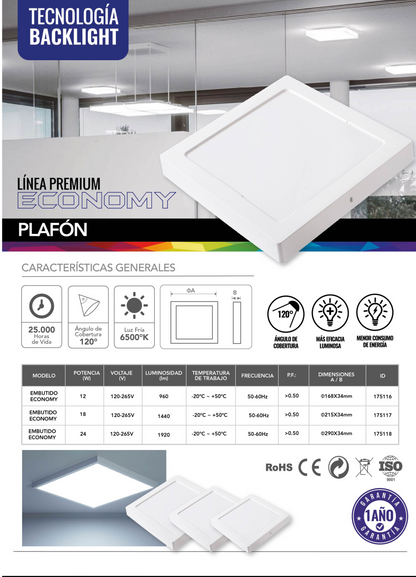 Foco Led Panel Plafon Sobrepuesto Cuadrado 24w Luz Fria